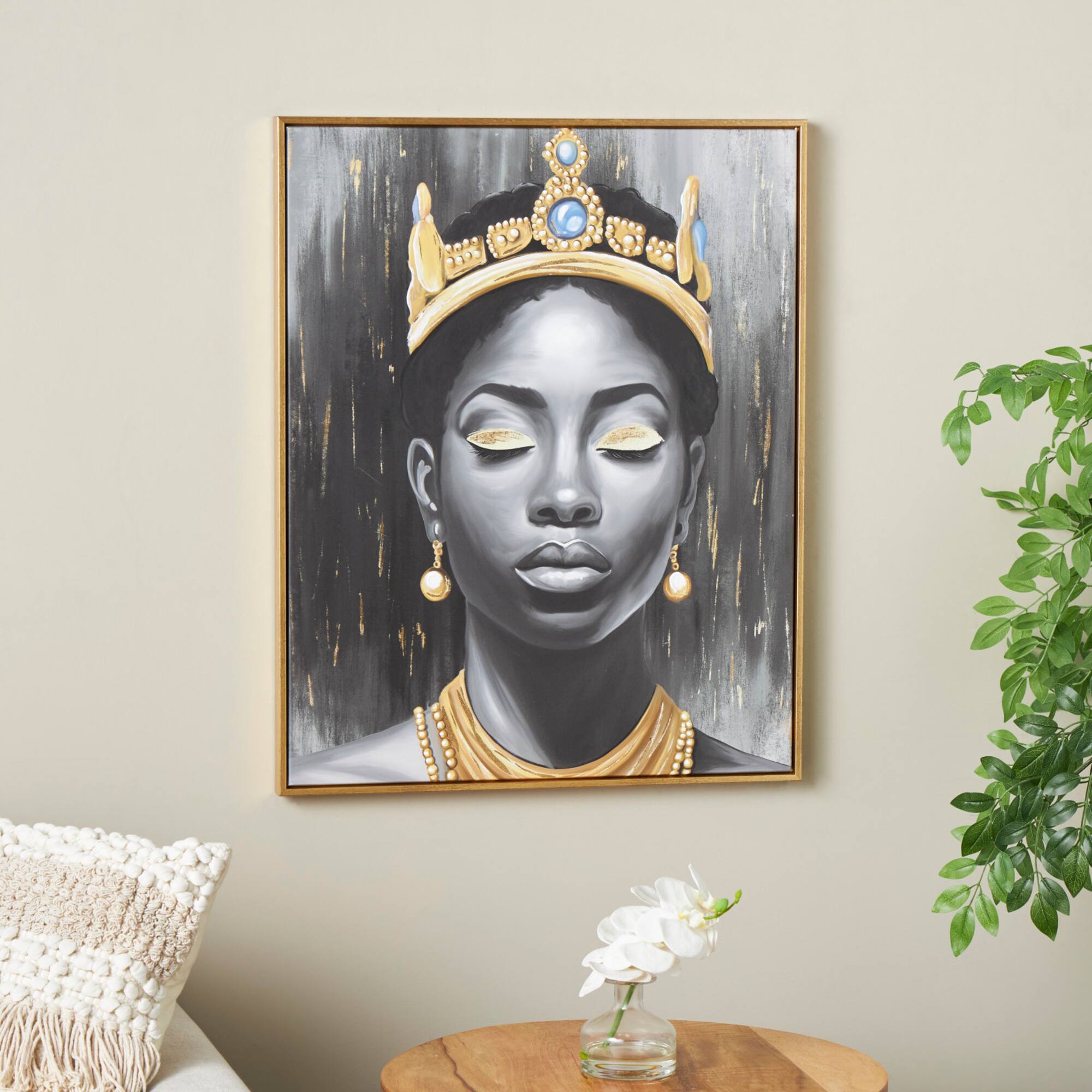 24" x 2" x 24" Black Canvas Woman Shaded Living Room Framed Wall Art with Blue Crown and Gold Foil Accents